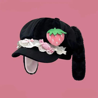 Strawberry Bunny Hat (Black) with green strawberry applique, lace ruffle, ribbon bow, ear flaps