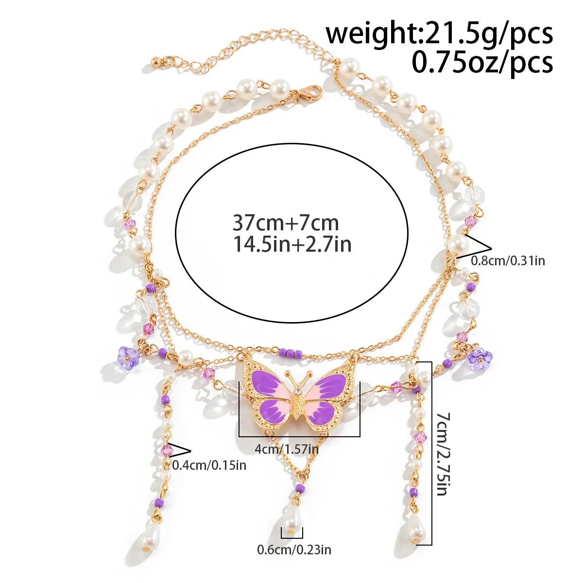 Butterfly imitation pearl multi-layer necklace with butterfly pendant, pearl strands, and tassels
