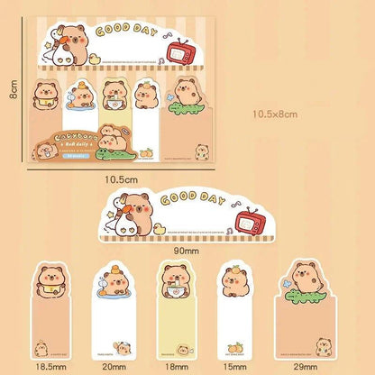Capybara cartoon sticky note bookmark set, tab notes with "Good day" and TV