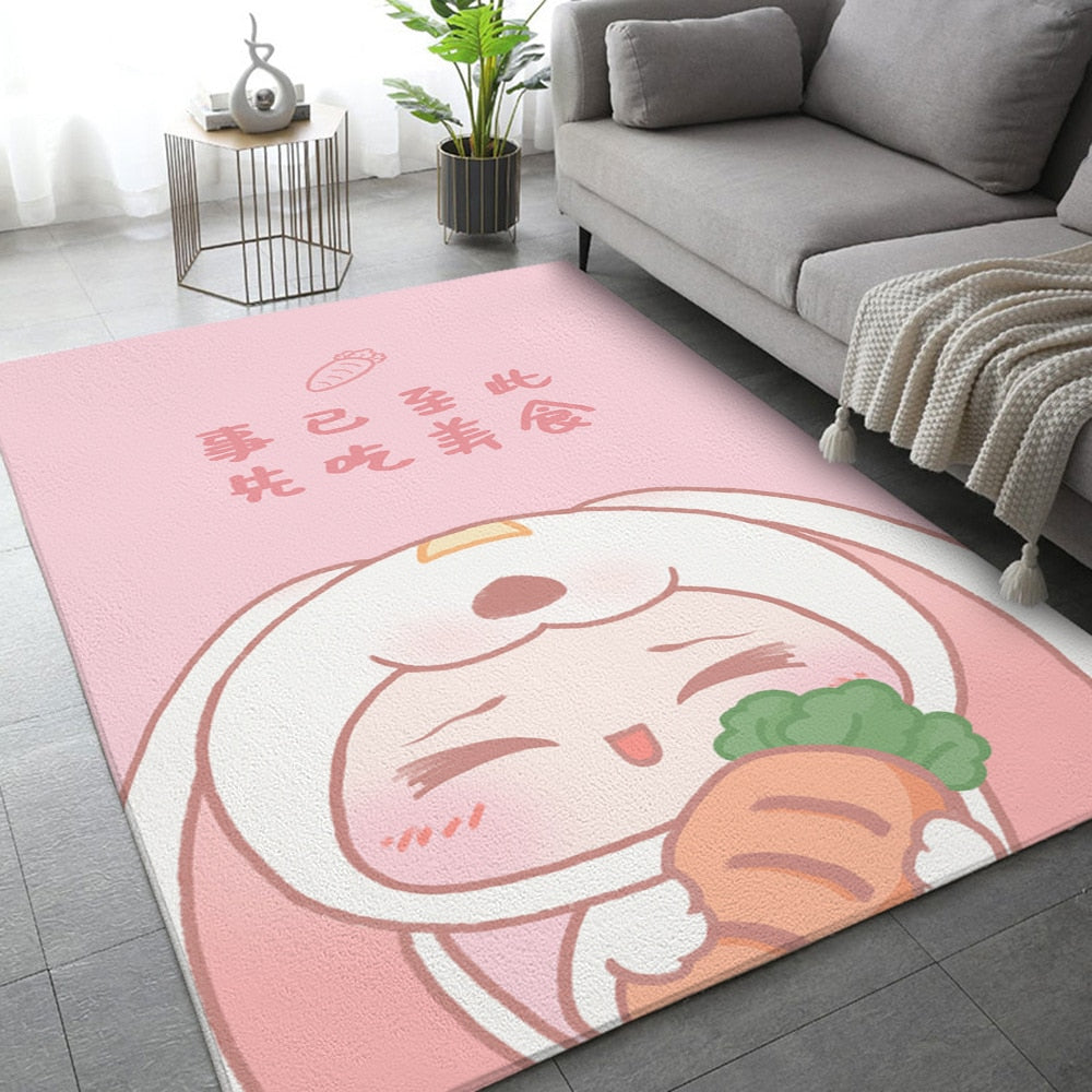 Pink rabbit-themed area rug with sleeping bunny illustration and small line text