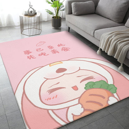 Pink rabbit-themed area rug with sleeping bunny illustration and small line text