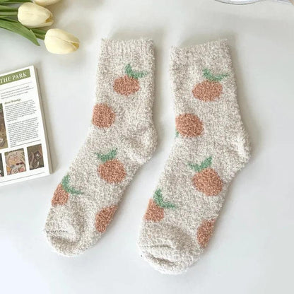 Soft plush sleeping socks, light gray with orange and green strawberry-like prints