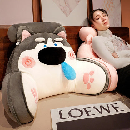 Gray animal reading pillow with cartoon dog face, blue nose, and swirl cheek details