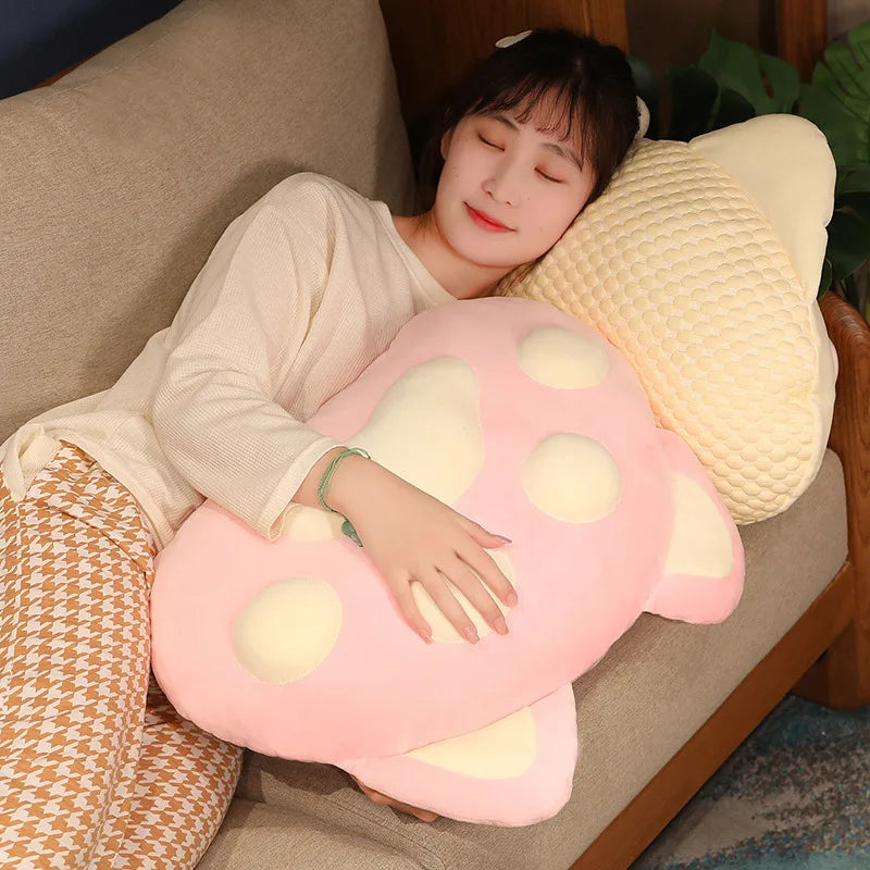 Kawaii Giant Cat Paw Pillow – Cute Cotton Cushion | Pink, Grey & White | 60x40cm & 90x55cm