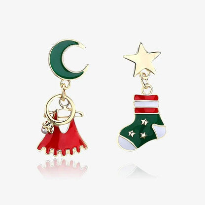 Drop earrings: green crescent moon charm and red striped stocking charm on gold hooks