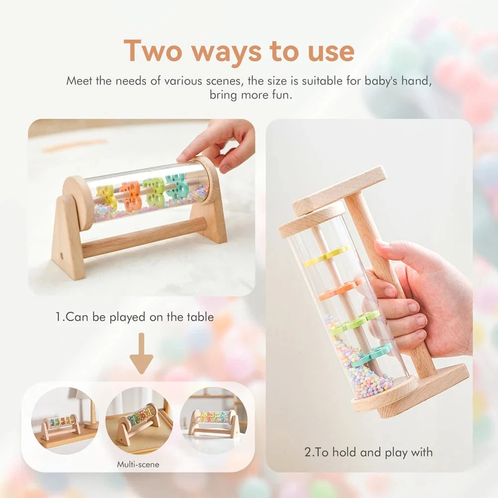 Wooden rain stick sensory toy shown in play on table or in hands