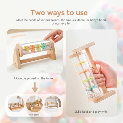 Wooden rain stick sensory toy shown in play on table or in hands