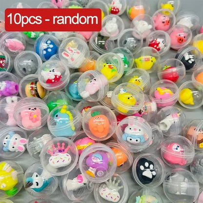 Bulk assortment of transparent capsule eggs containing cute animal plush figures