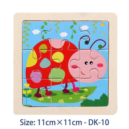 Kids wooden jigsaw puzzle with cartoon red ladybug and pink pig in framed board