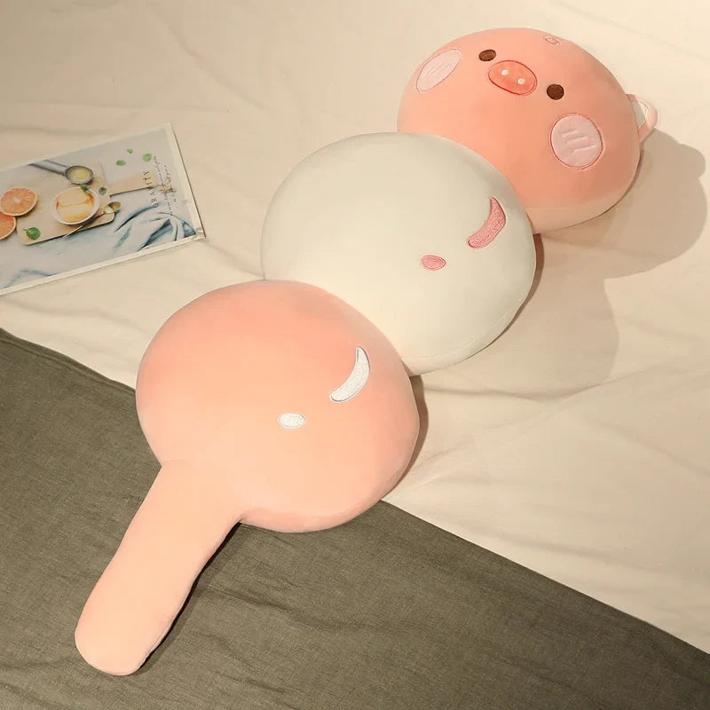 Animal dango snack plush trio with pig and bunny faces, cream and blush tones