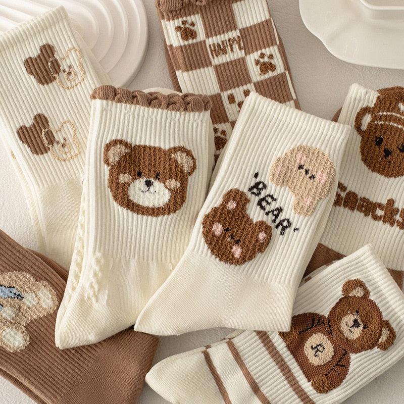 Teddy bear crew socks set in white and brown, featuring bear face embroidery and stripes