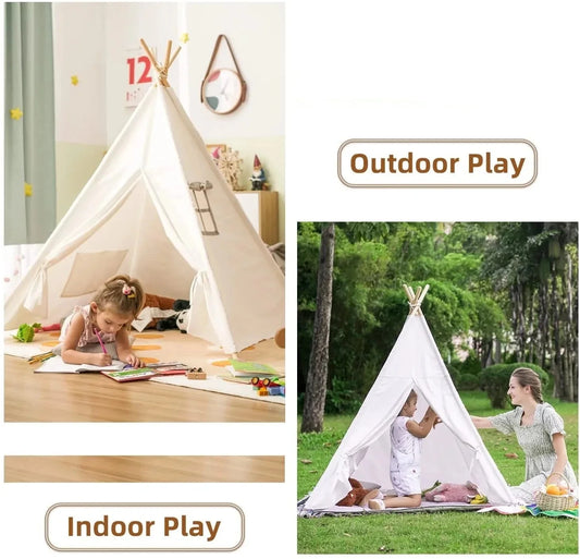 White kids teepee play tent with open entrance and hanging hoop decoration