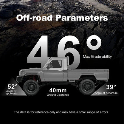 Silver 1:12 RC off-road pickup truck with large tires and off-road parameter graphics