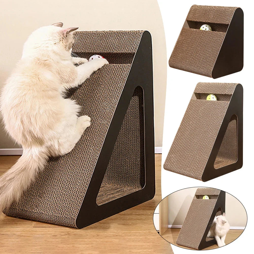 Brown triangular corrugated cardboard cat scratcher with side cutout and toy ball