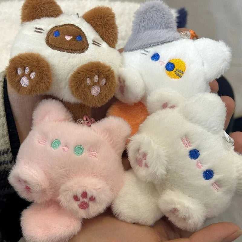 Cat plush keychains set with white, brown, pink cats and metal key rings