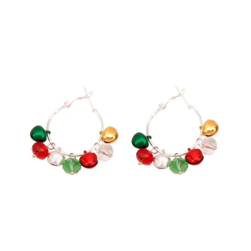 Hoop-style holiday bead drop earrings with red, green, white, and gold charm beads