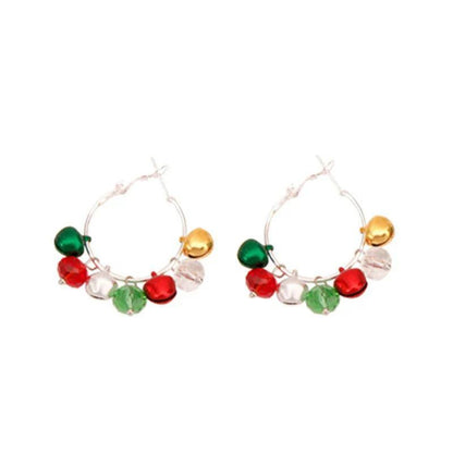 Hoop-style holiday bead drop earrings with red, green, white, and gold charm beads