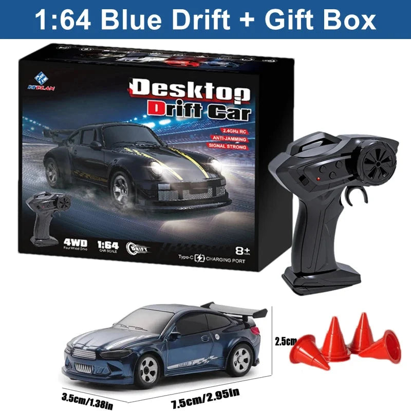 1:64 blue desktop drift RC car set with controller, blue car, and red cone pieces