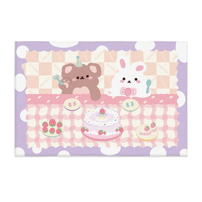 Pastel plush area rug with teddy bear, bunny, cupcakes, and patterned blocks in lilac and pink