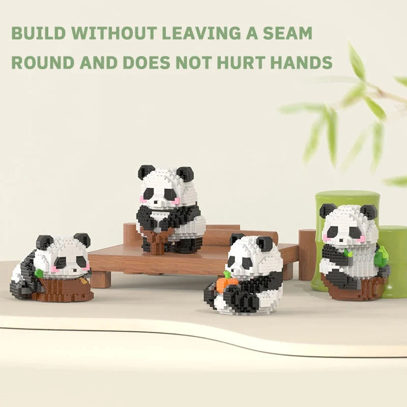 Panda building blocks: four assembled pandas on wooden bases with accessories