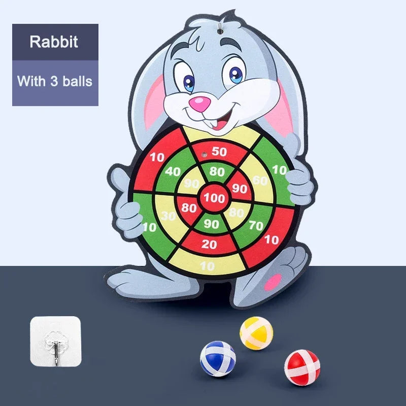 Rabbit dart board toy with three striped sticky balls and numbered target circles