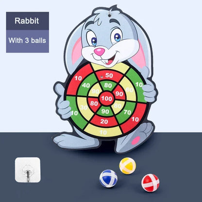 Rabbit dart board toy with three striped sticky balls and numbered target circles