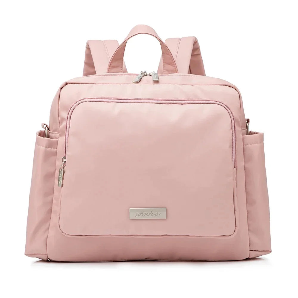Pink waterproof diaper backpack with front zip pocket and top handle, Soboba label