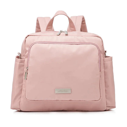 Pink waterproof diaper backpack with front zip pocket and top handle, Soboba label