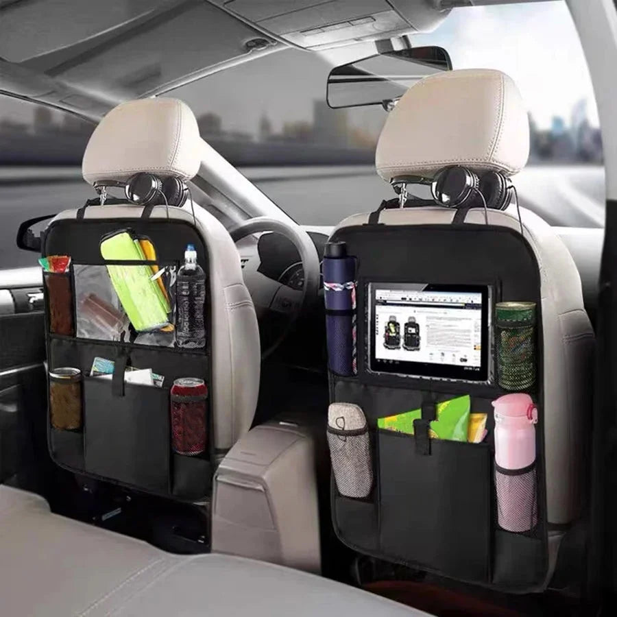 Car seat back storage organizer bag installed on vehicle seat with side pockets
