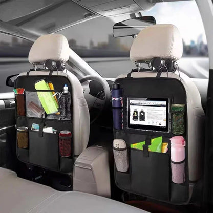Car seat back storage organizer bag installed on vehicle seat with side pockets