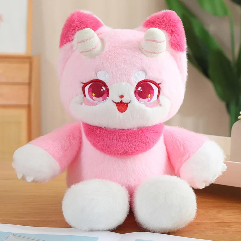 Pink dragon cat plush toy with large red eyes, white muzzle, and fluffy paws