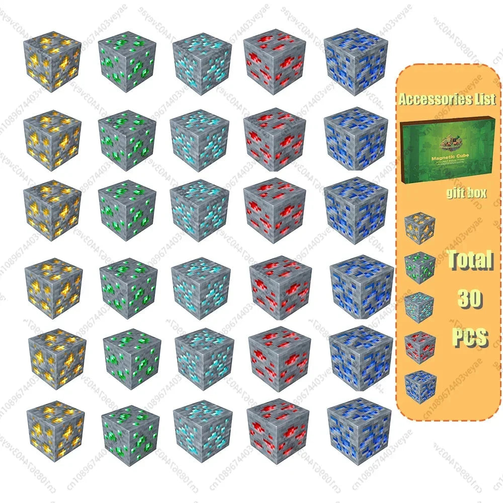 Magnetic cube building blocks set with multicolor transparent cubes, various designs shown
