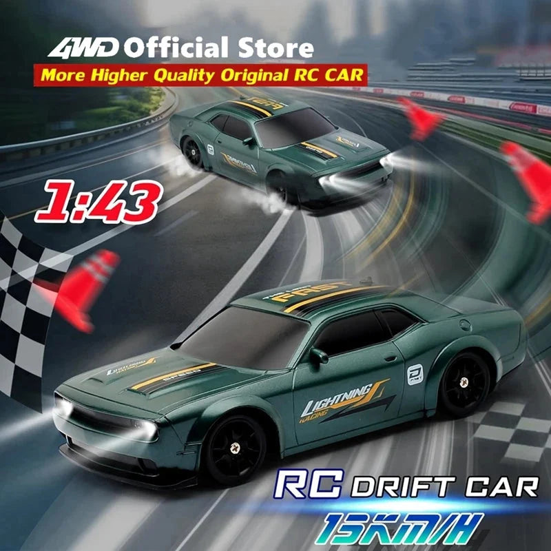 1:43 RC drift car with green body and black wheels on a racetrack curve