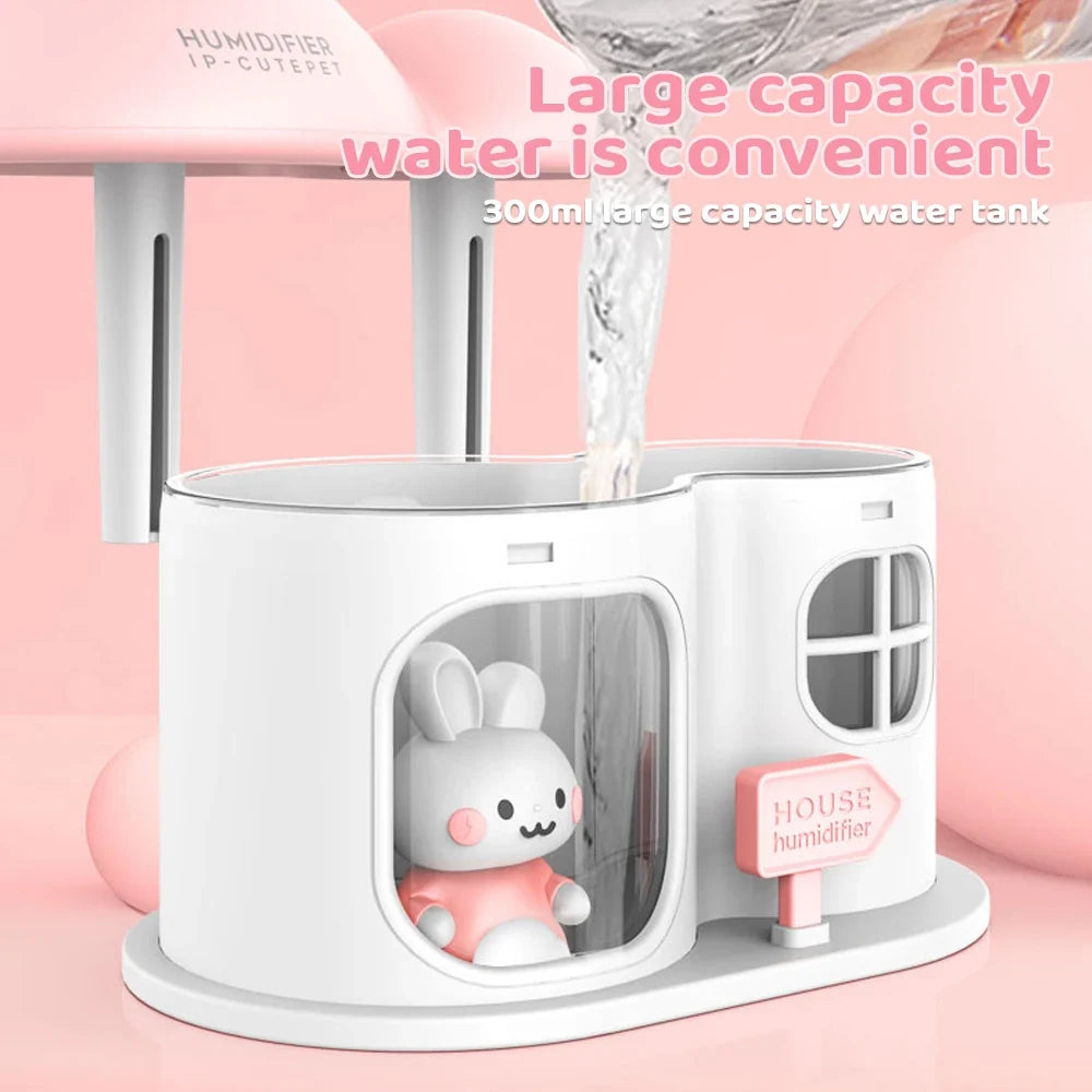 Kawaii Bunny House Humidifier Night Light – 7-Colour LED Cute Desktop Humidifier | Pink & White