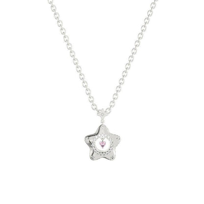 Silver chain necklace with star pendant featuring pink center gem and glittering details