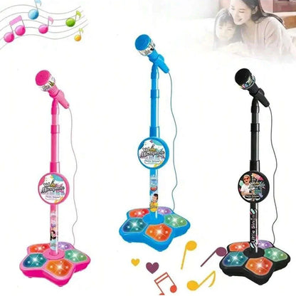 Kids microphone stand toy with detachable mic and colorful light-up base, pink and blue set