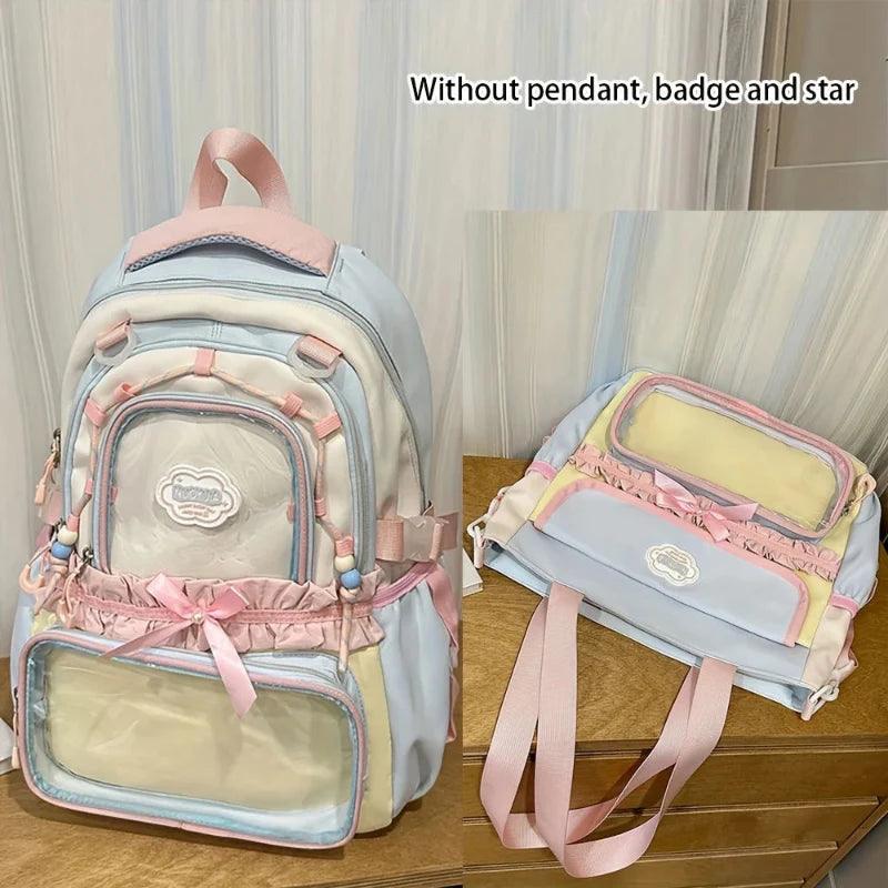 Pastel backpack and tote set, light blue/cream with cloud patch and pink bow ruffles