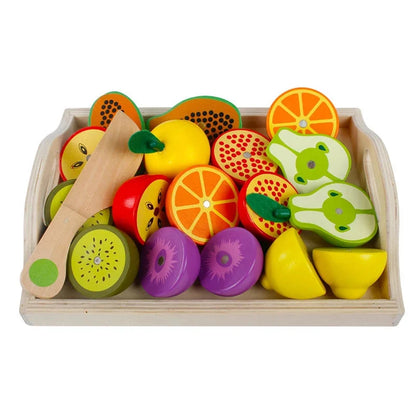 Wooden pretend fruit and vegetable cutting set with assorted pieces in wooden tray