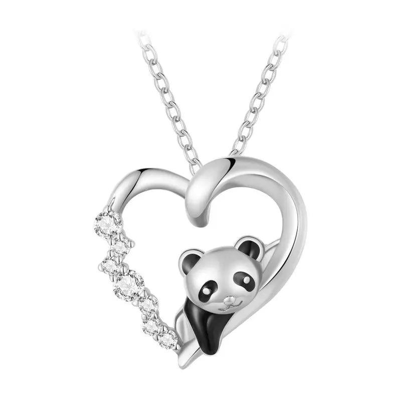 Sterling silver necklace with heart-shaped panda charm, crystal accents, link chain