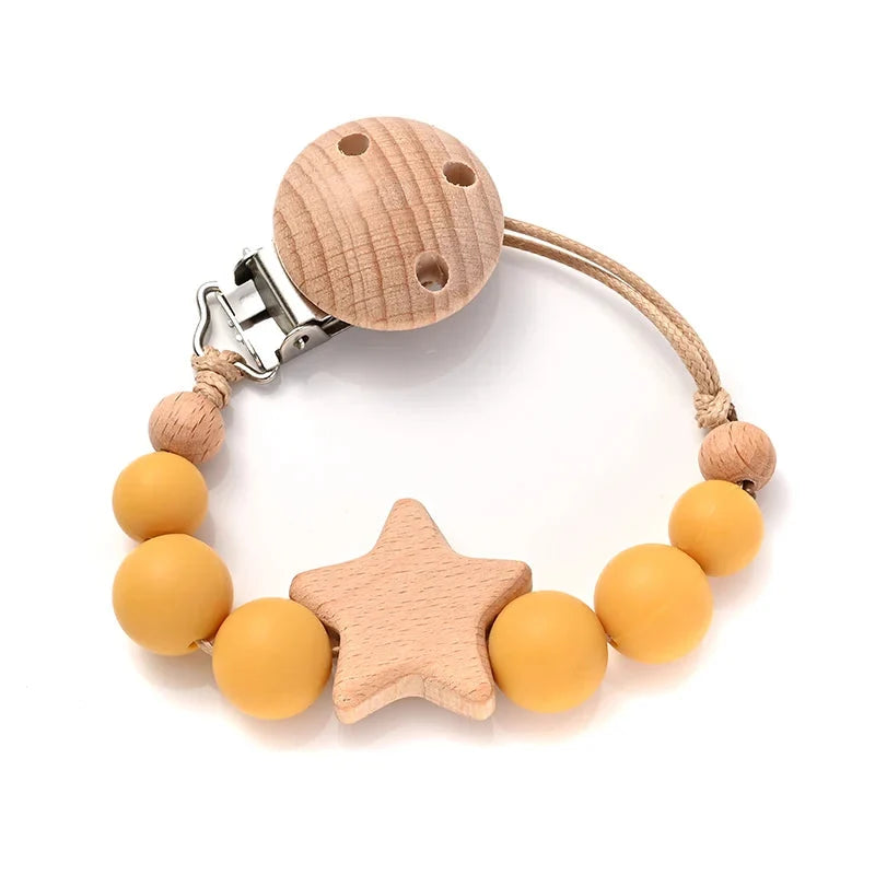 Baby pacifier clip teether chain with wooden star and yellow silicone bead ring