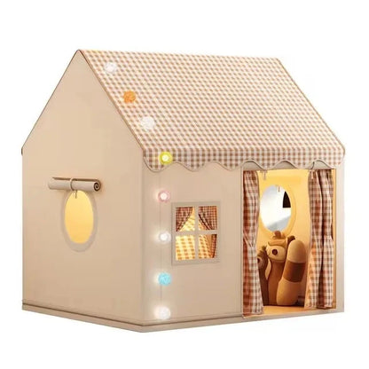 Kids Indoor Play House Tent – Cottage Style with Gingham Roof, Windows & Curtain Door | Foldable | Yellow, Pink, Khaki | Children's Birthday Gift