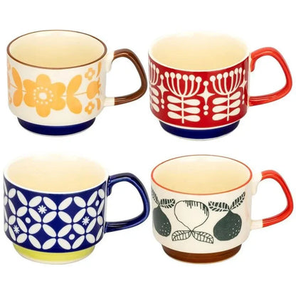 Retro Ceramic Stackable Mug 300ml – Scandinavian Pattern | Spots, Apples, Tulips, Trees & More | Coffee, Tea & Breakfast Cup | Housewarming Gift