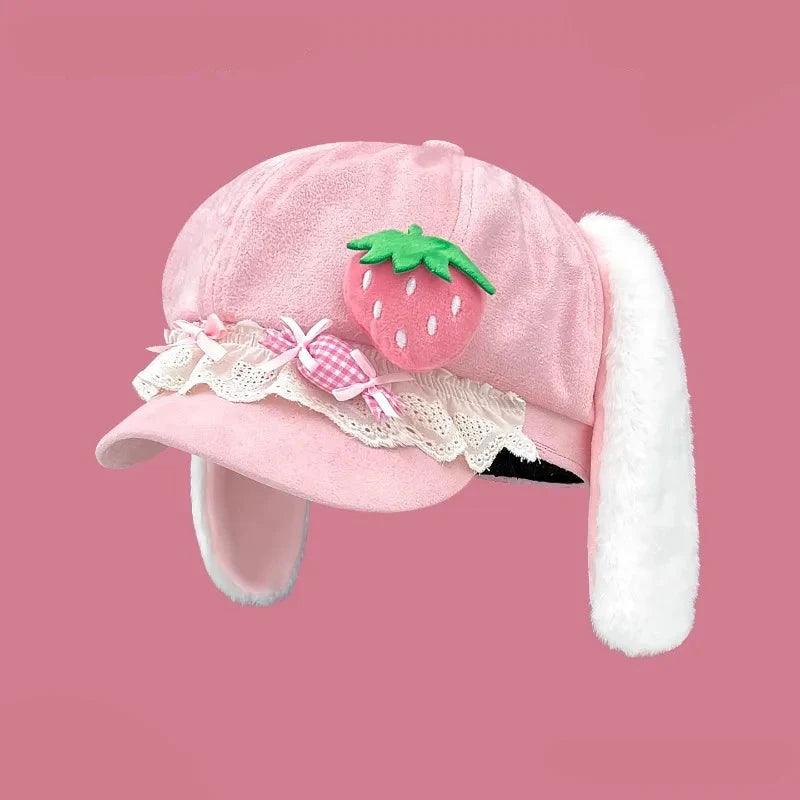 Kawaii Strawberry Bunny Hat (Pink) with strawberry patch, lace trim, bow, and long ear flaps