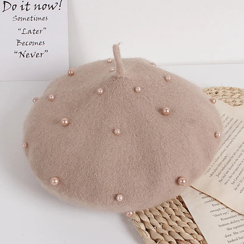 Taupe felt beret with faux pearl dots and a small center stem