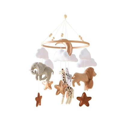 Baby crib mobile with jungle animals, stars, and hanging cloud plush
