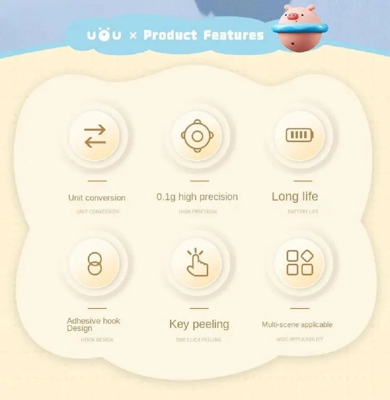 Digital kitchen scale feature panel with icon buttons and circular control layout