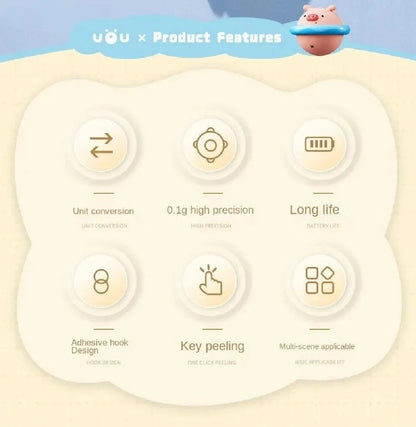 Digital kitchen scale feature panel with icon buttons and circular control layout