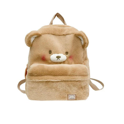 Tan plush bear backpack with round ears, bear face front, and adjustable shoulder straps