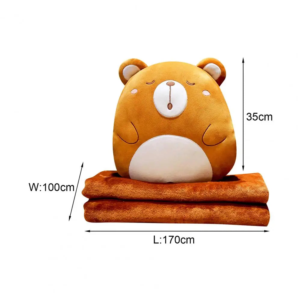 Bear animal cushion blanket size diagram: plush face on folded orange blanket, 35cm tall