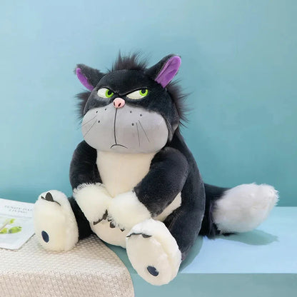 Plush cat doll sitting with a small matching plush cat beside it, dark gray and white